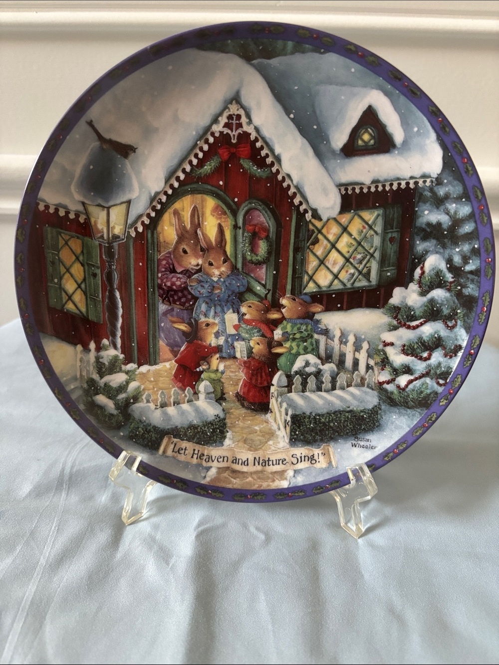 Holiday Decorative Plate with Winter Bunny Carolers - Purple Trim
